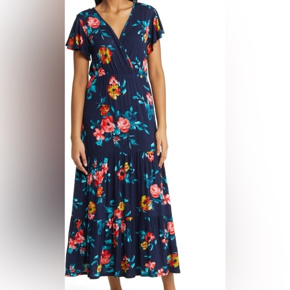 Loveappella Dresses & Skirts - Floral Tiered Faux Wrap Knit Maxi Dress